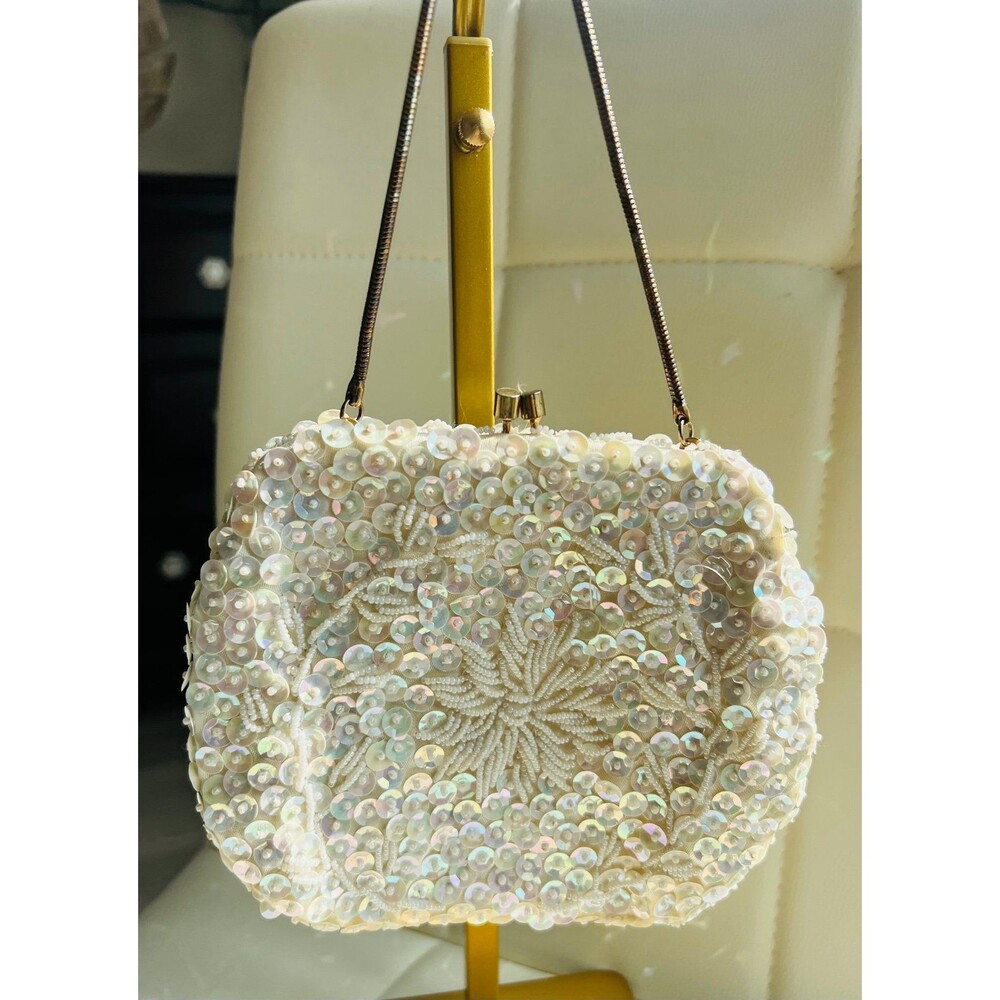 Vintage Handbag: Iridescent Sequin Ivory/White Beading; Silver Trim